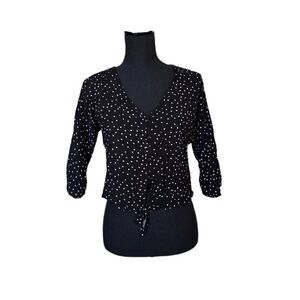 Mine Black with White Polka Dots Button-Up V-Neck Blouse with Waist Tie Size Lar